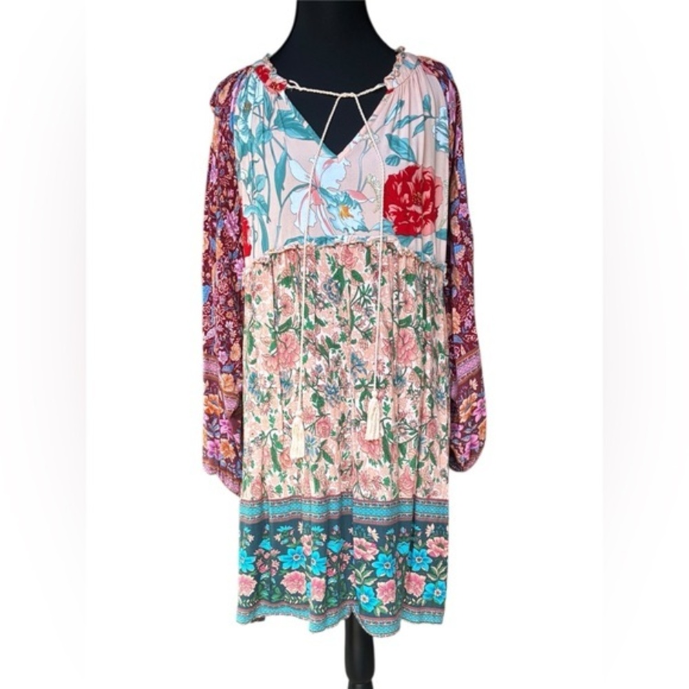 Umgee Multi Pattern Bohemian Babydoll Dress, Empire Waist, Size Medium, Floral